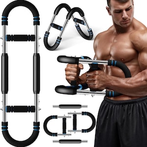 Può includere: Attrezzatura per esercizi nera e argento con dettagli blu. L'attrezzatura ha maniglie curve e impugnature imbottite. L'immagine mostra l'attrezzatura in uso e pezzi separati.