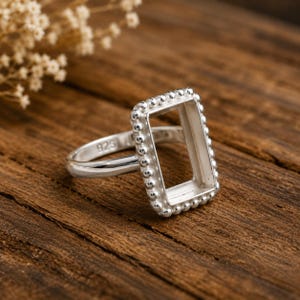 925 Sterling Silver Rectangle Ring Blank Setting, Beaded Bezel Ring Base, Empty Stone Mount, DIY Jewelry Making, Semi Mount Ring.