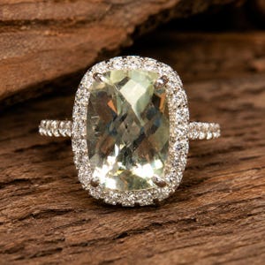 Natural Green Amethyst Ring, 925 Sterling Silver Green Amethyst Ring, Cushion Cut Gemstone Ring, Halo Ring, Statement Ring, Gift For Her.