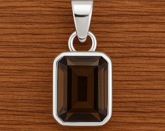 Smoky Quartz Rectangle Pendant Necklace, Brown Gemstone Silver Pendant, Emerald Cut Crystal Jewelry, Handmade Minimal Pendant Gift