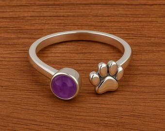 925 Sterling Silver Paw Print Ring with Purple Amethyst Stone – Adjustable Pet Lover Ring • Animal Paw Jewelry • Cat Dog Paw Gift for Women