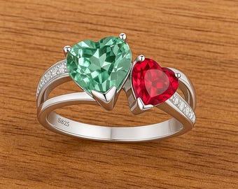 Anello personalizzato con due cuori e pietra portafortuna • Anello di promessa di coppia in argento sterling 925 • Gioielli personalizzati con due cuori • Regalo di anniversario per lei