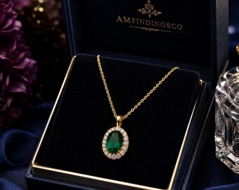 Collier pendentif émeraude, argent sterling 925, pierre verte, pendentif en pierre précieuse taille ovale, bijou fait main, cadeau pour elle.
