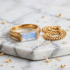 Baguette Cut Moonstone Ring, Gold Plated Moonstone Ring, Rectangular Gemstone Ring, Minimalist Statement Ring, Boho Jewelry.