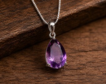 Collier pendentif en améthyste violette taille poire, argent sterling 925, pendentif en pierre précieuse en forme de larme, bijou minimaliste à offrir à une femme.