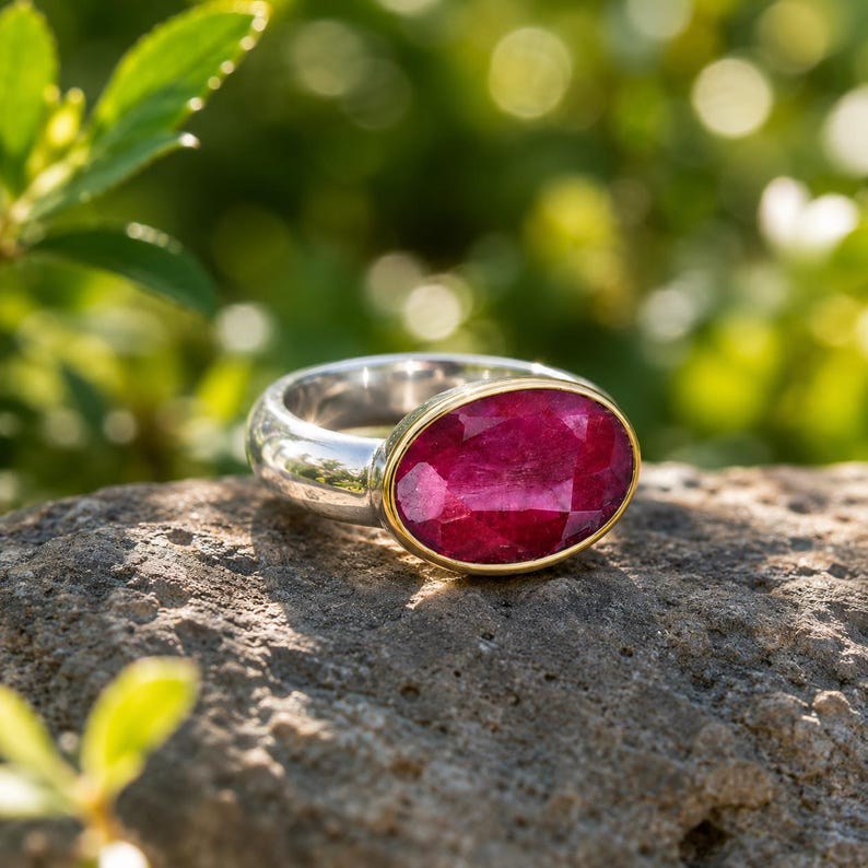Anello con rubino, anello ovale con rubino, anello con castone, anello in argento sterling 925, anello di tendenza, regalo per lei con la pietra portafortuna di luglio. immagine 2