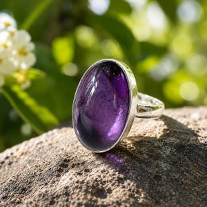 Könnte beinhalten: Ein Silberring mit einem großen, glatten, ovalen violetten Amethyst-Edelstein, der in einer polierten Metallfassung sitzt. Der Stein zeigt tiefe violette Farbtöne mit natürlichen Einschlüssen und eine glänzende, reflektierende Oberfläche.