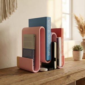 May include: A pink, wavy-shaped bookend holds several books of varying sizes and colors. The books include titles like "Modern Perspectives" and "Creative Living." The bookend sits on a wooden table, with a vase of dried flowers and a small potted succulent in the background.