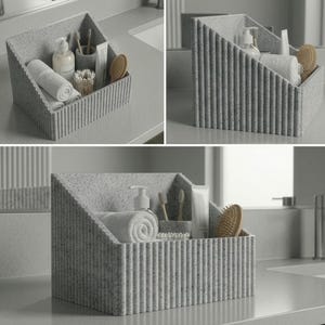 Puede incluir: Un organizador de baño gris y blanco moteado con un diseño inclinado. El organizador contiene una toalla blanca enrollada, una botella de loción, un tubo de pasta de dientes, un cepillo de pelo de madera y otros artículos de tocador. El organizador está hecho de un material texturizado.