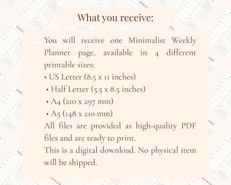 Minimalist Weekly Planner Printable | A4 A5 US Letter Half Letter ...