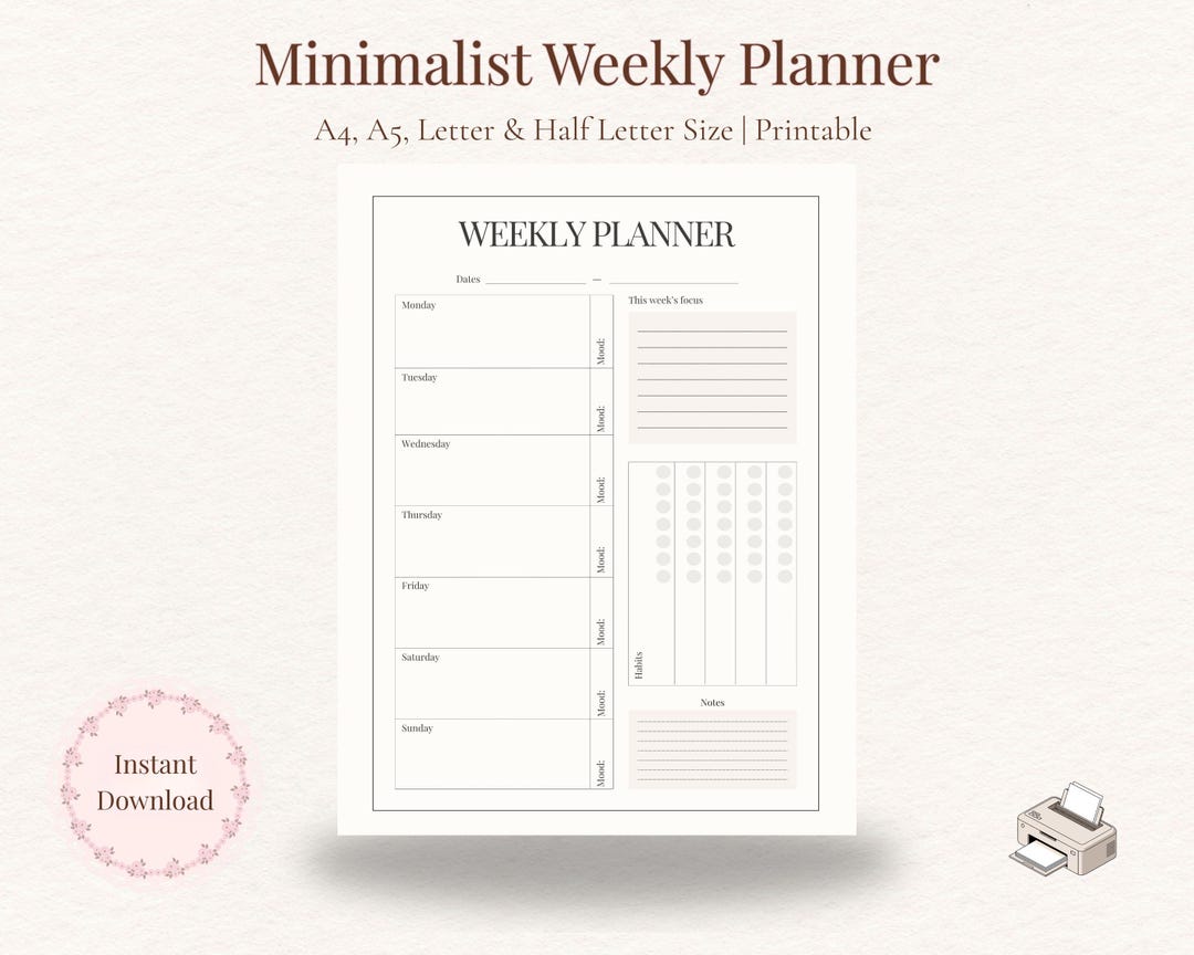 Minimalist Weekly Planner Printable | A4 A5 US Letter Half Letter ...