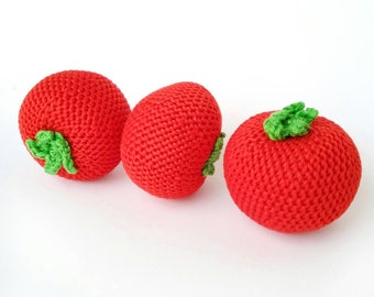 Handmade red fruit crocheted tomato play pretend soft toy, play food educational learning toy, gift for babies children and toddlers