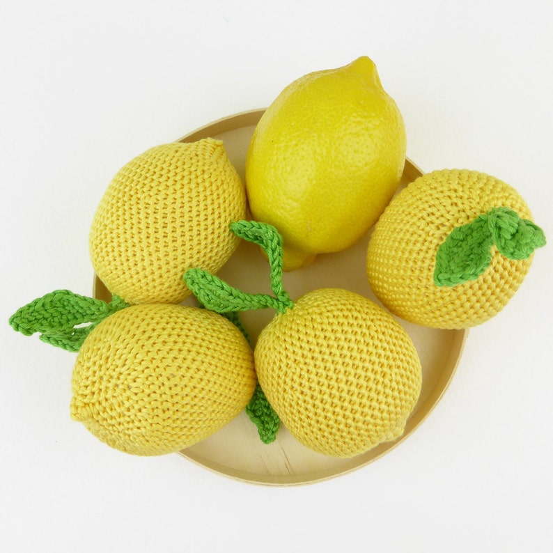 play pretend learning educational crochet yellow fruit citrus for babies and toddlers Handmade crocheted lemon play food soft toy