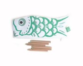 Koinobori Japanese carp koi fish green and silver hand painted fabric - handmade back to school pencil case zipped pouch