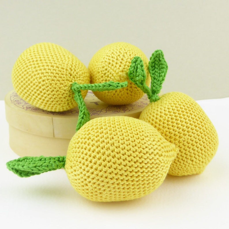 play pretend learning educational crochet yellow fruit citrus for babies and toddlers Handmade crocheted lemon play food soft toy