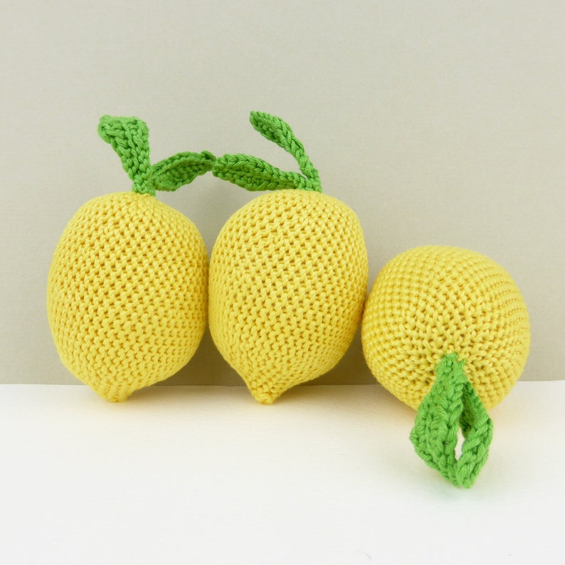 play pretend learning educational crochet yellow fruit citrus for babies and toddlers Handmade crocheted lemon play food soft toy