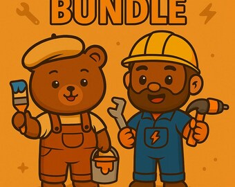 May include: An orange coloring book cover with the text "OCCUPATION COLORING BOOK BUNDLE" and "80 PAGES". Two cartoon characters are featured: a bear with a paintbrush and a painter's hat, and a man with a wrench and a hard hat.