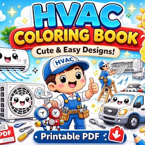 Könnte beinhalten: Eine farbenfrohe Illustration für ein HVAC-Malbuch. Das Bild zeigt einen Cartoon-Techniker mit Werkzeugen, Klimaanlagen und einem Transporter. Der Text enthält "HVAC Coloring Book", "Cute & Easy Designs" und "Printable PDF."