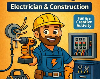 Può includere: Copertina di un libro da colorare per bambini, intitolato "Jobs Coloring Book for Boys: Electrician & Construction". L'immagine presenta un elettricista dei cartoni animati con un trapano, circondato da strumenti e apparecchiature elettriche. Per bambini dai 4 ai 7 anni.
