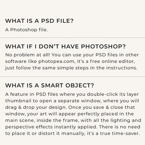 FAQ graphic answering three questions about PSD files, explaining that a PSD is a Photoshop file, that Photopea.com works as a free alternative if you don't have Photoshop, and describing how a smart object lets you drag and drop your design for automatic placement with lighting and perspective effects applied.