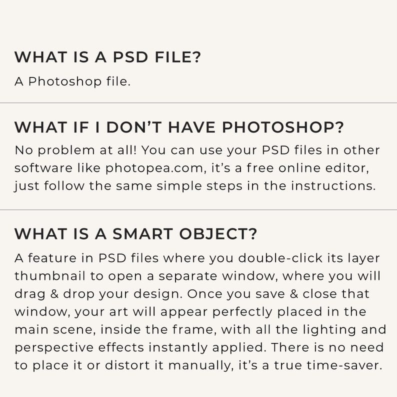 FAQ graphic answering three questions about PSD files, explaining that a PSD is a Photoshop file, that Photopea.com works as a free alternative if you don't have Photoshop, and describing how a smart object lets you drag and drop your design for automatic placement with lighting and perspective effects applied.