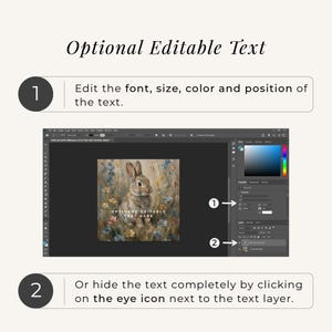 May include: A digital graphic showing a software interface with a central image of a brown rabbit in a field of flowers. The text reads Optional Editable Text, and the interface includes numbered instructions for editing font, size, color, and layer visibility.