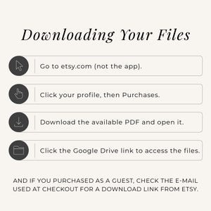Tutorial graphic titled Downloading Your Files with four steps and icons: going to etsy.com on a browser rather than the app, clicking your profile then Purchases, downloading and opening the available PDF, and clicking the Google Drive link to access the files, with an additional note for guest purchasers to check their checkout email for a download link from Etsy.