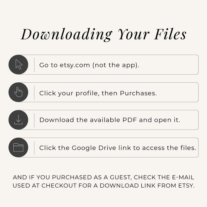 Tutorial graphic titled Downloading Your Files with four steps and icons: going to etsy.com on a browser rather than the app, clicking your profile then Purchases, downloading and opening the available PDF, and clicking the Google Drive link to access the files, with an additional note for guest purchasers to check their checkout email for a download link from Etsy.