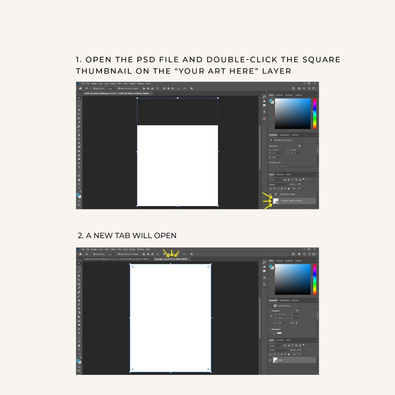 May include: A digital tutorial graphic showing two steps for editing a PSD file. Step 1 instructs to open the file and double-click the square thumbnail on the YOUR ART HERE layer. Step 2 shows a new tab opening in the software interface.