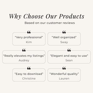 May include: A graphic display titled Why Choose Our Products Based on our customer reviews, featuring six testimonials in rounded rectangular boxes with quotation marks. Quotes include Very professional, Well organized, Really elevates my listings, Elegant and easy to use, Easy to download, and Wonderful quality.