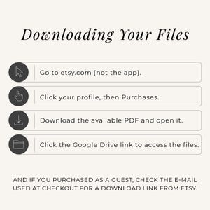 May include: An instructional graphic titled Downloading Your Files with four steps: Go to etsy.com (not the app), Click your profile, then Purchases, Download the available PDF and open it, and Click the Google Drive link to access the files. A final note reads: AND IF YOU PURCHASED AS A GUEST, CHECK THE E-MAIL USED AT CHECKOUT FOR A DOWNLOAD LINK FROM ETSY.