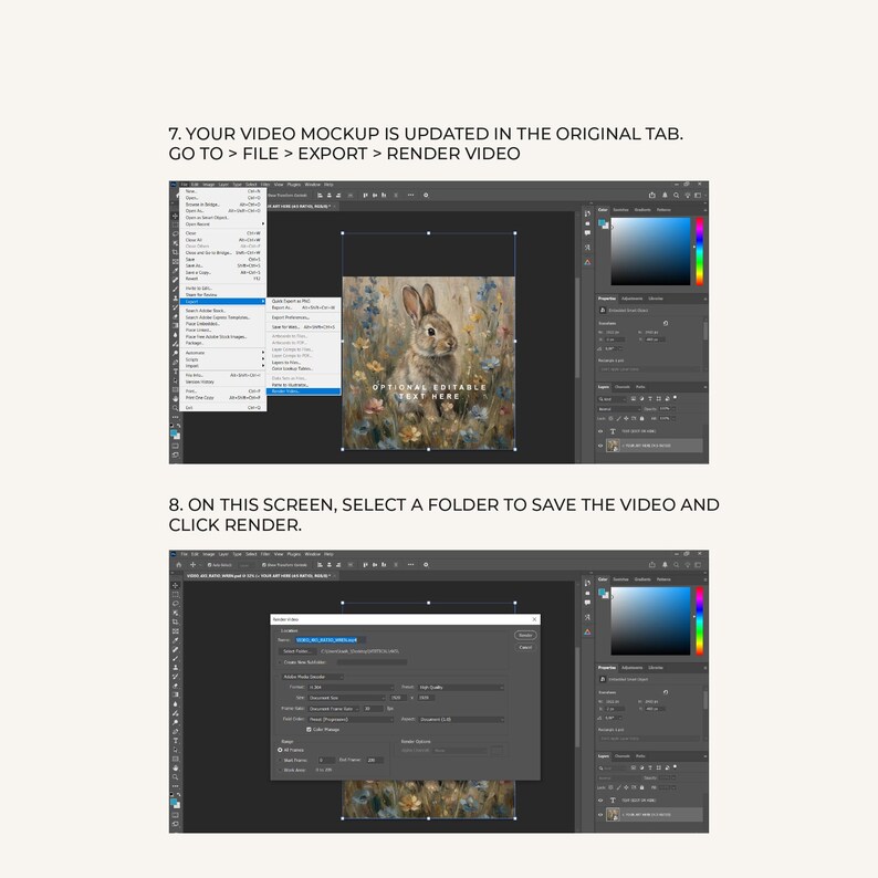 May include: A digital tutorial graphic showing two software interface screenshots. The top image displays a file menu with the text 7. YOUR VIDEO MOCKUP IS UPDATED IN THE ORIGINAL TAB. GO TO > FILE > EXPORT > RENDER VIDEO. The bottom shows a render dialog box.
