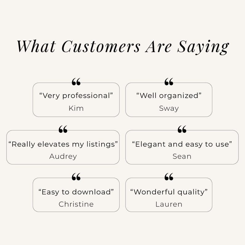 Customer testimonial graphic titled What customers are saying, with six review snippets in bordered boxes, each showing a quote mark, a short positive comment such as, very professional, well organized, really elevates my listings, elegant and easy to use, easy to download, and wonderful quality, with a first-name attribution under each.