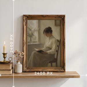 Antique-style vertical frame mockup with carved wood detailing displayed on a floating shelf next to a candlestick and dried flower arrangement, with dimension guides indicating exact pixel measurements. Overlay text reads "2400 PX" along both the top and bottom edges.
