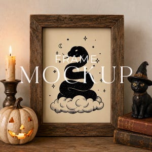 A4 Halloween-Rahmen-Mockup (PSD), ISO DIN A-Format, vertikales, gruseliges, rustikales Wandbild-Mockup, gotisches Hexen-Kunstwerk-Display