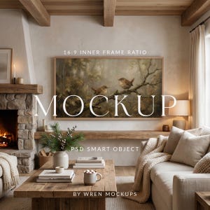 May include: A living room mockup featuring a framed painting of birds on a branch. The room has a rustic coffee table, a stone fireplace, and a cozy sofa with a blanket. The text "MOCKUP" is prominently displayed.