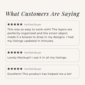 May include: A customer review graphic titled What Customers Are Saying featuring three five-star ratings from verified buyers. The text includes testimonials about organized layers, smart objects, and ease of use for updating product listings.