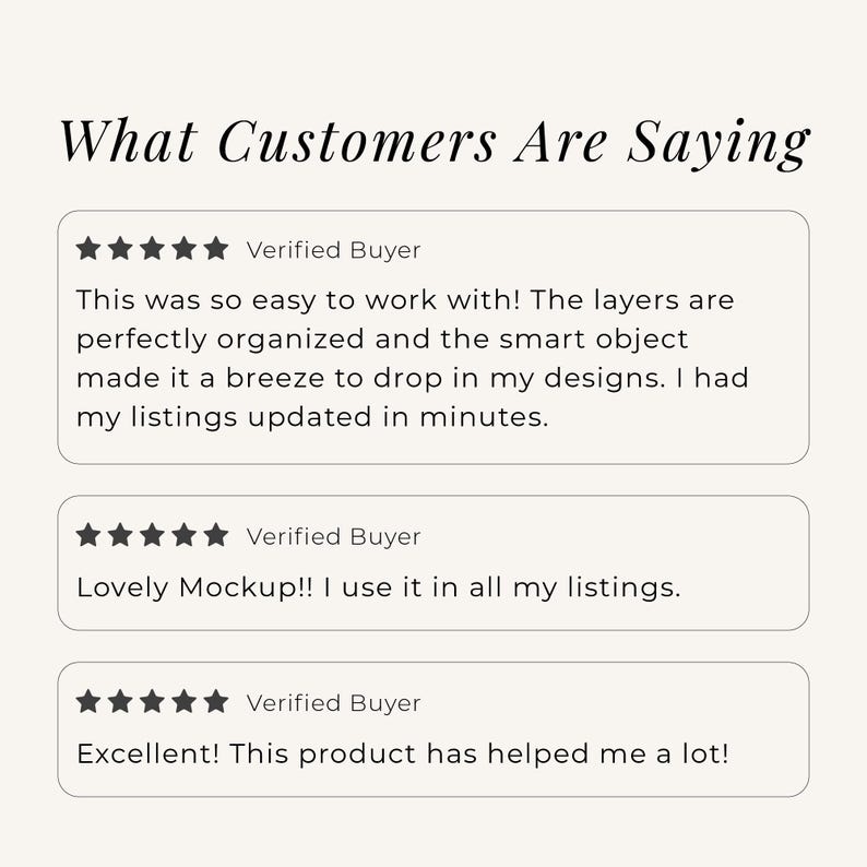 May include: A customer review graphic titled What Customers Are Saying featuring three five-star ratings from verified buyers. The text includes testimonials about organized layers, smart objects, and ease of use for updating product listings.
