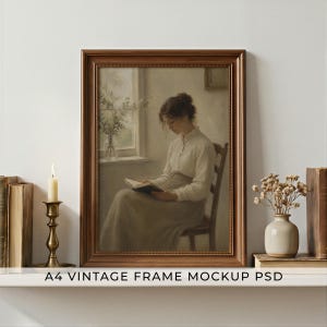 Mockup PSD de moldura vintage vertical A4, madeira marrom clássica, mockup de arte de parede antiga em prateleira, estilo de livro com vela, proporção ISO DIN A