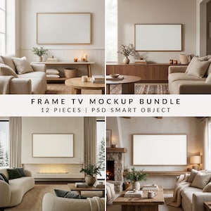 Puede incluir: Un paquete de maquetas que presenta cuatro escenas interiores con televisores enmarcados. Cada escena muestra un salón con paletas de colores neutros, sofás y elementos decorativos. El texto dice "FRAME TV MOCKUP BUNDLE 12 PIECES | PSD SMART OBJECT".