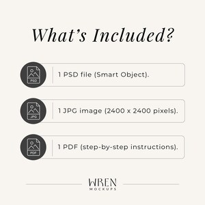 Infographic titled What's Included, listing the contents of the digital download: one PSD file with a smart object, one JPG image at 2400 by 2400 pixels, and one PDF with step-by-step instructions, each paired with a file-type icon, with the Wren Mockups logo at the bottom.