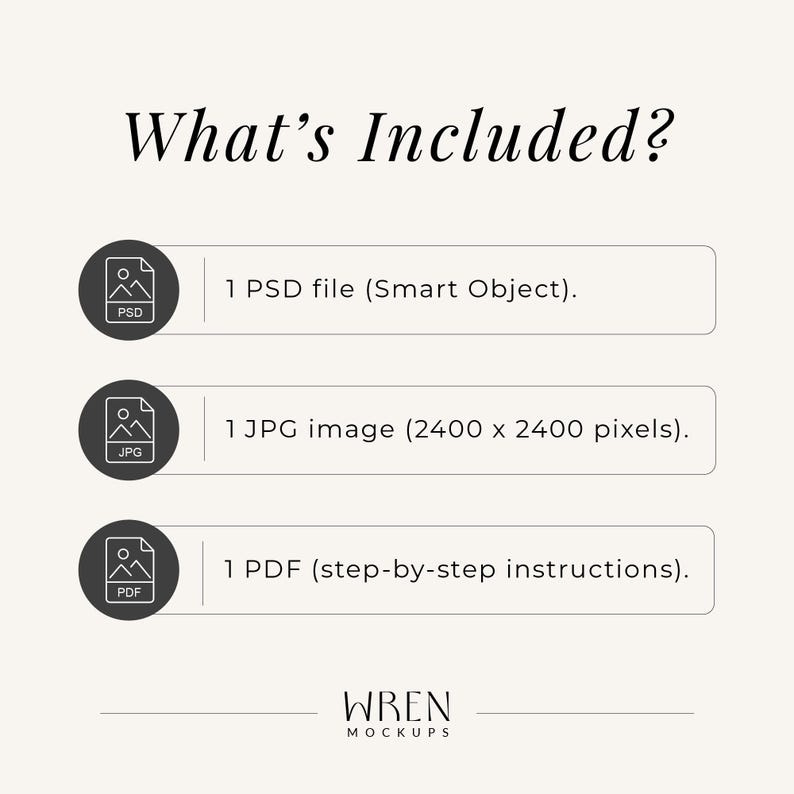 Infographic titled What's Included, listing the contents of the digital download: one PSD file with a smart object, one JPG image at 2400 by 2400 pixels, and one PDF with step-by-step instructions, each paired with a file-type icon, with the Wren Mockups logo at the bottom.