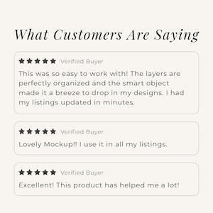May include: A customer review graphic titled What Customers Are Saying featuring three five-star ratings from verified buyers. The text includes testimonials about organized layers, smart objects, and ease of use for updating product listings.