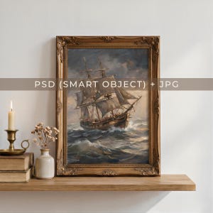 Ornate brown wood frame mockup with rich vintage wood grain, styled beside old books, a lit candle, and dried florals on a wooden shelf, ideal for classic or traditional art display. Overlay text reads "PSD (Smart Object) + JPG."