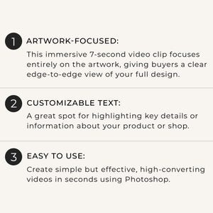 May include: A white informational graphic with three numbered black circles. The text reads: 1 ARTWORK-FOCUSED: This immersive 7-second video clip focuses entirely on the artwork, 2 CUSTOMIZABLE TEXT: A great spot for highlighting key details, 3 EASY TO USE: Create simple but effective, high-converting videos in seconds using Photoshop.