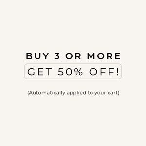 Promotional graphic announcing buy 3 or more digital mockups and get 50% off, automatically applied at checkout, shown in bold black text on a cream background.