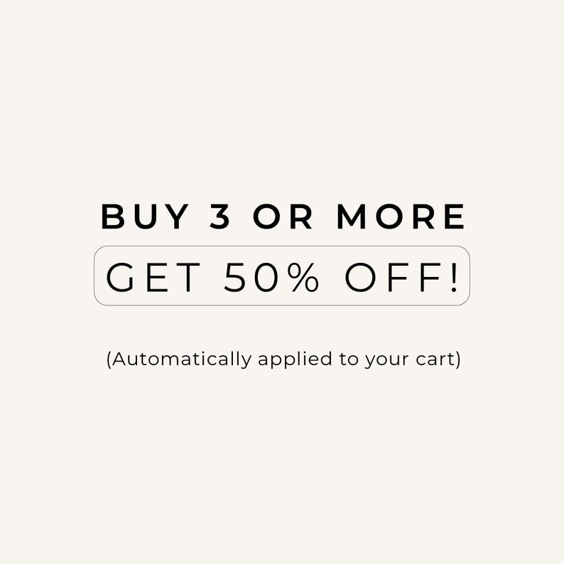 Promotional graphic announcing buy 3 or more digital mockups and get 50% off, automatically applied at checkout, shown in bold black text on a cream background.