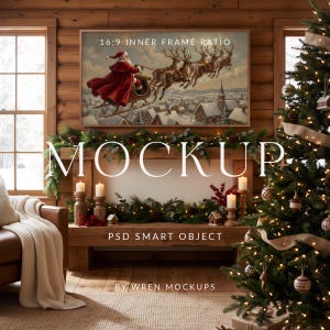 May include: A Christmas-themed mockup featuring a framed painting of Santa Claus in a sleigh pulled by reindeer over a snowy village. The frame is above a wooden mantel decorated with greenery, candles, and miniature houses. A Christmas tree is on the right.
