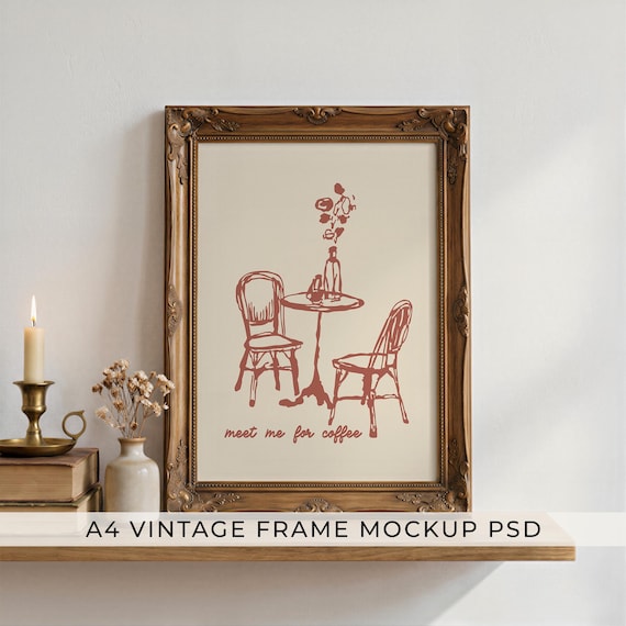 A4 Vertical Vintage Frame Mockup PSD, Ornate Brown Wood, Antique Classic Wall Art Mockup on Shelf, Candle Book Styling, ISO DIN A Ratio