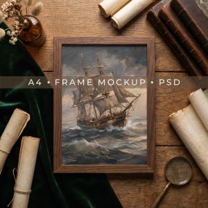 A4 Vertical Wood Frame Mockup: Dark Academia Style with Vintage Books (PSD Smart Object)